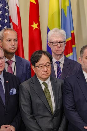 August 14, 2026, New York, New York, United States: YAMAZAKI KAZUYUKI Permanent Representative of Japan to the United Nations stands with other delegates during a press briefing on , at UNHQ. New York United States - ZUMAo116 20260814_znp_o116_010 Copyright: xBiancaxOterox