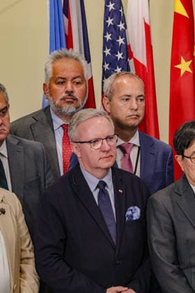 August 14, 2026, New York, New York, United States: KRZYSZTOF SZCZERSKI Permanent Representative of Poland to the United Nations stands with other delegates during a press briefing on Afghanistan Five Years On at UNHQ. New York United States - ZUMAo116 20260814_znp_o116_011 Copyright: xBiancaxOterox