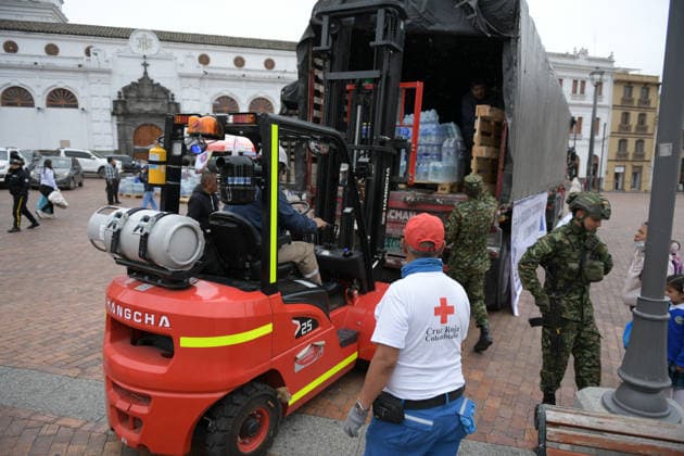 August 14, 2026, Pasto, Narino, Colombia: Humanitarian aid is loaded onto trucks in Pasto, Narino, Colombia, on August 14, 2026, as approximately 100 metric tons of supplies are dispatched from the city to different parts of the country for communities affected by the 7.4 earthquake that struck Colombia on August 10, 2026. Pasto Colombia - ZUMAvp1_ 20260814_zia_vp1_008 Copyright: xCamiloxErassox