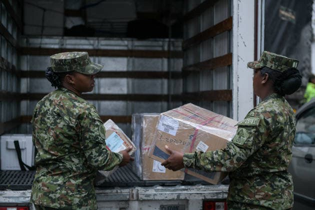 Colombia Earthquake - Donations Humanitarian aid is loaded onto trucks in Pasto, Narino, Colombia, on August 14, 2026, as approximately 100 metric tons of supplies are dispatched from the city to different parts of the country for communities affected by the 7.4 earthquake that struck Colombia on August 10, 2026. Pasto Narino Colombia Copyright: xCamiloxErassox