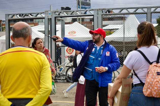 August 14, 2026, Bogota, Bogota D.C, Colombia: People in Bogota, Colombia gather to collect and categorize donations for the victims of the 7,4 earthquake that struck Colombia on August 10 outside El Campin Stadium on August 14, 2026. Bogota Colombia - ZUMAvp1_ 20260814_zia_vp1_041 Copyright: xIsabellaxBobadillax