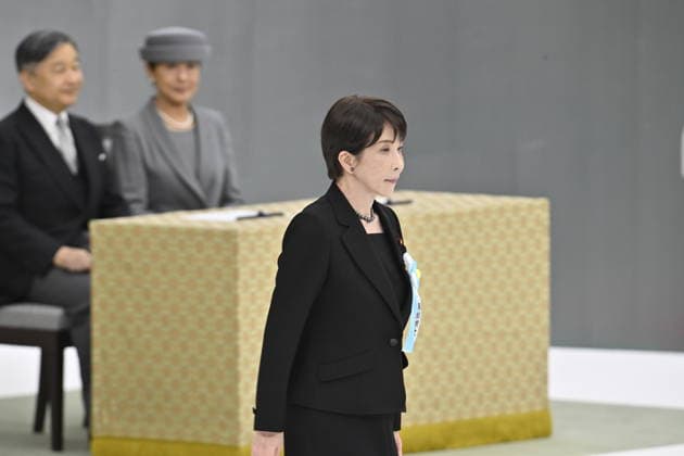 Japan commemorates war dead on 81st anniversary of end of World War II TOKYO, JAPAN - AUGUST 15 : Japanese Prime Minister Sanae Takaichi walks past Emperor Naruhito and Empress Masako after delivering her address during the National Memorial Service for the War Dead at the Nippon Budokan in Tokyo, Japan, August 15, 2026. David Mareuil Anadolu Tokyo Japan. Editorial use only. Please get in touch for any other usage.  Copyright: x2026xAnadoluxDavidxMareuilx