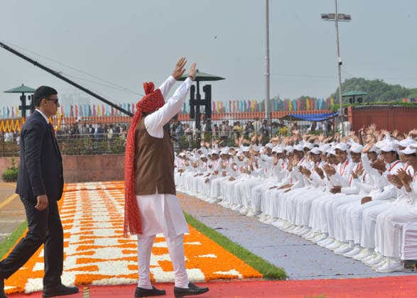 Indian Prime Minister Modi addresses nation on India s Independence Day NEW DELHI, INDIA - AUGUST 15: Indian Prime Minister Narendra Modi (2nd L) greets school children after addressing the nation during Independence Day celebrations at the Red Fort in New Delhi, India, on August 15, 2026. Modi hoisted the national flag at the 17th-century monument and addressed the nation, marking 80 years of Indian independence from British colonial rule since 1947. Imtiyaz Khan Anadolu New delhi India. Editorial use only. Please get in touch for any other usage.  Copyright: x2026xAnadoluxImtiyazxKhanx
