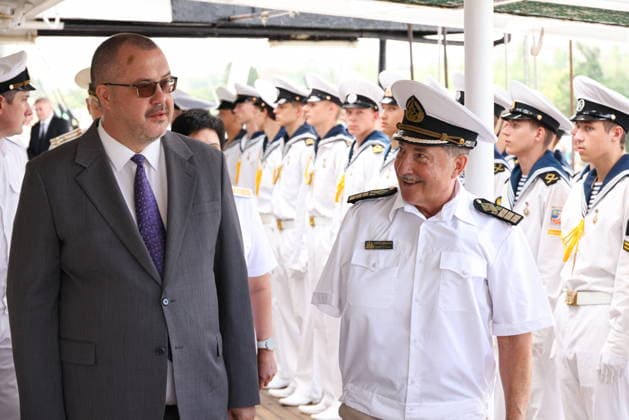 NORTH KOREA, WONSAN - AUGUST 15, 2026: Russia s Ambassador to DPRK Vladimir Topekha (L) and the Pallada s Captain Nikolai Zorchenko are seen during a ceremony marking the arrival of the Russian training tallship Pallada. The ship arrived in the Democratic People s Republic of Korea on a friendly visit for festivities marking the 81st anniversary of the liberation of Korea from Japanese occupation, on 15 August. Stanislav Varivoda TASS  96176923