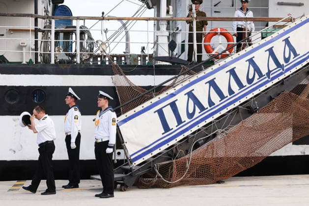 NORTH KOREA, WONSAN - AUGUST 15, 2026: Crew members are seen during a ceremony marking the arrival of the Russian training tallship Pallada. The ship arrived in the Democratic People s Republic of Korea on a friendly visit for festivities marking the 81st anniversary of the liberation of Korea from Japanese occupation, on 15 August. Stanislav Varivoda TASS  96176751