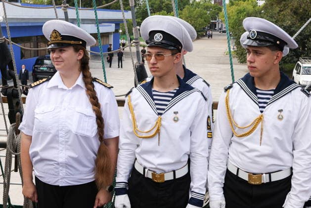 NORTH KOREA, WONSAN - AUGUST 15, 2026: Crew members are seen during a ceremony marking the arrival of the Russian training tallship Pallada. The ship arrived in the Democratic People s Republic of Korea on a friendly visit for festivities marking the 81st anniversary of the liberation of Korea from Japanese occupation, on 15 August. Stanislav Varivoda TASS  96176926