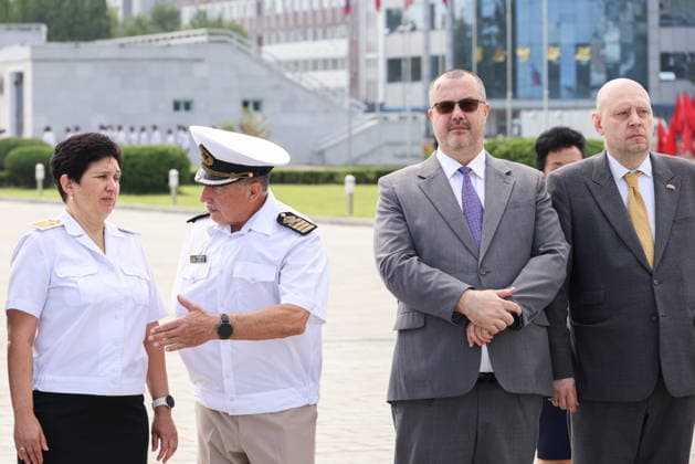 NORTH KOREA, WONSAN - AUGUST 15, 2026: The Pallada s Captain Nikolai Zorchenko (2nd L) and Russia s Ambassador to DPRK Vladimir Topekha (2nd R) are seen during a ceremony marking the arrival of the Russian training tallship Pallada. The ship arrived in the Democratic People s Republic of Korea on a friendly visit for festivities marking the 81st anniversary of the liberation of Korea from Japanese occupation, on 15 August. Stanislav Varivoda TASS  96176931