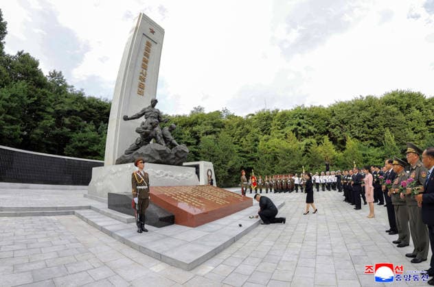 (260815) -- PYONGYANG, Aug. 15, 2026 -- This photo provided by the Korean Central News Agency (KCNA) on Aug. 15, 2026 shows Kim Jong Un, general secretary of the Workers Party of Korea and president of the State Affairs of the Democratic People s Republic of Korea (DPRK), paying tribute to anti-Japanese revolutionary martyrs at the Revolutionary Martyrs Cemetery on Mt. Taesong in the DPRK, Aug. 14, 2026. Kim visited the Revolutionary Martyrs Cemetery on Mt. Taesong on Friday on the occasion of the 81st anniversary of national liberation, the KCNA reported. (KCNA Handout via Xinhua) DPRK-KIM JONG UN-ANTI-JAPANESE REVOLUTIONARY MARTYRS-TRIBUTE WangxTianliao 