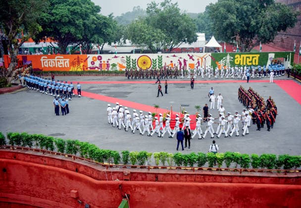 80th Independence Day celebrations at Red Fort New Delhi, Aug 15 (ANI): India Army s Gorkha infantry regiment, Indian Navy and Air Force contingents march during the 80th Independence Day celebrations at Red Fort, in New Delhi on Saturday. NEW DELHI Delhi India Copyright: xANIx ANI_20260815232