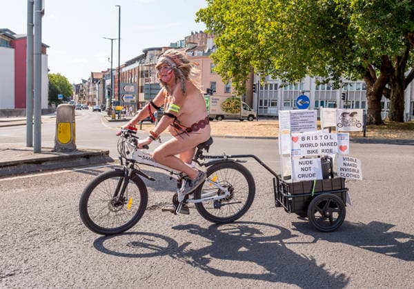 August 15, 2026, Bristol, Bristol, UK: Bristol, UK. NOTE: images contain nudity. The Bristol World Naked Bike Ride takes place around the city in warm sunny weather after the recent heatwave. Naked bike rides are a protest demonstrating the vulnerability of cyclists, protesting against climate change, championing greener transport and protesting against oil dependency, fossil fuels and other forms of non-renewable energy, and celebrating the power and individuality of bodies as body positivity. Bristol UK  - ZUMAl94_ 20260815_zaf_l94_002 Copyright: xSimonxChapmanx