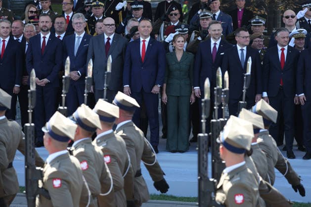 Polish Armed Forces Day Celebrated in Warsaw WARSAW, POLAND - AUGUST 15: Polish Minister of Defence Wladyslaw Kosiniak-Kamysz and Polish President Karol Nawrocki with his wife Marta Nawrocka during a military parade on Polish Armed Forces Day in Warsaw, Poland on 15th August, 2026. Every year on 15 August Poland commemorates the Battle of Warsaw, also known as the Miracle on the Vistula. In 1920, the Polish army stopped Soviet troops, preventing their aggression against Europe. Beata Zawrzel Anadolu Warsaw Poland. Editorial use only. Please get in touch for any other usage.  Copyright: x2026xAnadoluxBeataxZawrzelx