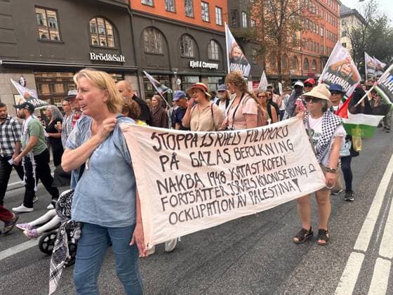 Protesters gather in Stockholm to condemn Israeli military strikes in Gaza and Lebanon STOCKHOLM, SWEDEN - AUGUST 15: Demonstrators wave Palestinian flags and display banners in central Stockholm, Sweden, on August 15, 2026, during a rally to protest ongoing Israeli military attacks in Gaza and southern Lebanon. Atila Altuntas Anadolu Stockholm Sweden. Editorial use only. Please get in touch for any other usage.  Copyright: x2026xAnadoluxAtilaxAltuntasx