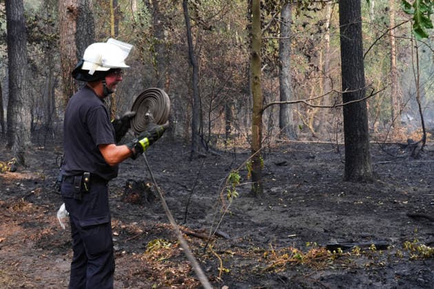Loescharbeiten der Feuerwehr beim Waldbrand in Huertenwald Feuerwehleute beim Rollen von Wasserschlaeuchen zur Bekaempfung des Waldbrandes in Huertgenwald, 15.08.2026 Huertgenwald NRW Deutschland *** Firefighters battling a wildfire in Huertenwald. Firefighters rolling out water hoses to fight the wildfire in Huertgenwald, August 15, 2026, Huertgenwald, North Rhine-Westphalia, Germany