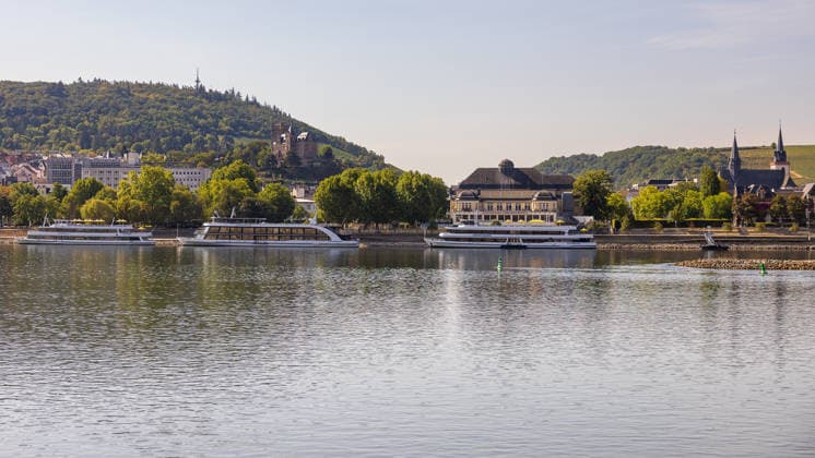 Niedrigwasser am Rhein nach langer Dürrephase, Rüdesheim am Rhein, 15.08.2026 Ausflugsschiffe liegen am Kai festgemacht, im Hintergrund sind bewaldete Hänge sowie eine Burg und Kirchtürme zu erkennen. Der Wasserstand des Flusses wirkt durch die anhaltende Trockenheit deutlich abgesenkt. Rüdesheim am Rhein Hessen Deutschland *** Low Water Levels on the Rhine Following a Long Drought, Rüdesheim am Rhein, August 15, 2026. Sightseeing boats are moored at the pier; in the background, wooded slopes, a castle, and church steeples can be seen. The river’s water level appears significantly lower due to the prolonged drought. Rüdesheim am Rhein, Hesse, Germany 20260815-286A5556-M4000