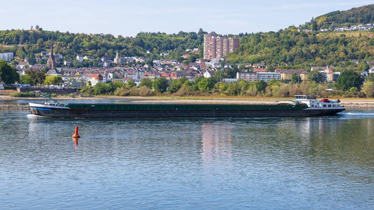 Niedrigwasser am Rhein nach langer Dürrephase, Rüdesheim am Rhein, 15.08.2026 Ein Frachtschiff fährt nur teilweise beladen auf dem Rhein, da niedriger Wasserstand die volle Beladung nicht zulässt. Am Ufer erstreckt sich eine breite Kiesbank, die durch das Niedrigwasser sichtbar wird. Rüdesheim am Rhein Hessen Deutschland *** Low Water Levels on the Rhine Following a Long Drought, Rüdesheim am Rhein, August 15, 2026 A cargo ship is sailing on the Rhine with only a partial load, as low water levels prevent it from carrying a full load. A wide gravel bank stretches along the riverbank, made visible by the low water. Rüdesheim am Rhein, Hesse, Germany 20260815-286A5569-M4000