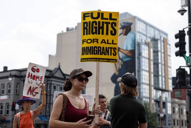 Demonstrators Rally to Guard Out of DC WASHINGTON, D.C., UNITED STATES - AUGUST 15: Demonstrators, holding banners, take part in a Guard Out of DC rally in Washington, D.C., on August 15, 2026, marking one year since U.S. President Donald Trump deployed National Guard troops to the city. Protesters demand the removal of federal agents from D.C. streets, full rights for immigrants and opposition to a new ICE headquarters in the capital. Mehmet Eser Anadolu Washington DC United States. Editorial use only. Please get in touch for any other usage.  Copyright: x2026xAnadoluxMehmetxEserx
