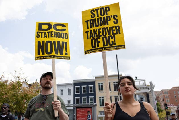 Demonstrators Rally to Guard Out of DC WASHINGTON, D.C., UNITED STATES - AUGUST 15: Demonstrators, holding banners, take part in a Guard Out of DC rally in Washington, D.C., on August 15, 2026, marking one year since U.S. President Donald Trump deployed National Guard troops to the city. Protesters demand the removal of federal agents from D.C. streets, full rights for immigrants and opposition to a new ICE headquarters in the capital. Mehmet Eser Anadolu Washington DC United States. Editorial use only. Please get in touch for any other usage.  Copyright: x2026xAnadoluxMehmetxEserx