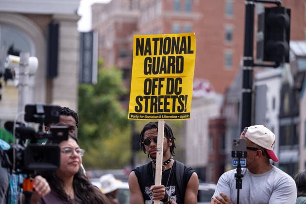Demonstrators Rally to Guard Out of DC WASHINGTON, D.C., UNITED STATES - AUGUST 15: Demonstrators, holding banners, take part in a Guard Out of DC rally in Washington, D.C., on August 15, 2026, marking one year since U.S. President Donald Trump deployed National Guard troops to the city. Protesters demand the removal of federal agents from D.C. streets, full rights for immigrants and opposition to a new ICE headquarters in the capital. Mehmet Eser Anadolu Washington DC United States. Editorial use only. Please get in touch for any other usage.  Copyright: x2026xAnadoluxMehmetxEserx