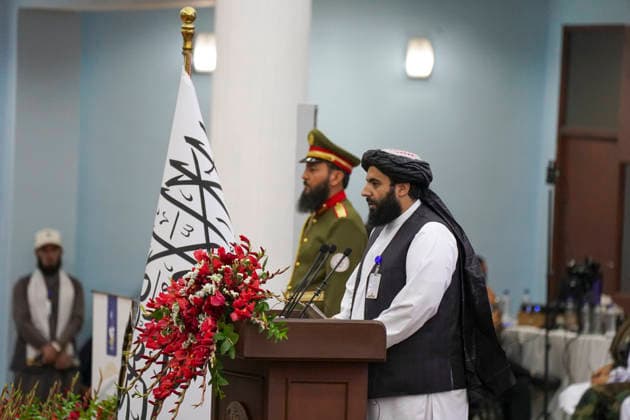 Taliban Fifth Anniversary Official Ceremony Kabul Afghanistan A Taliban official speaks at a podium during a ceremony at the Loya Jirga Tent marking the fifth anniversary of the Taliban™s return to power in Kabul, Afghanistan, on August 15, 2026. The event commemorates the government s takeover following the withdrawal of United States forces. Kabul Kabul Afghanistan Copyright: xJavidxAshnax