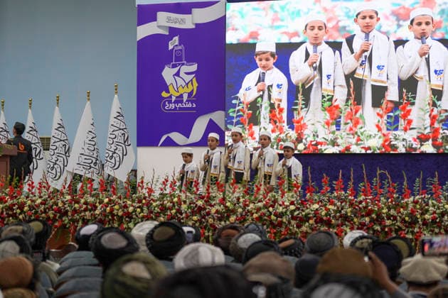 Taliban Fifth Anniversary Official Ceremony Kabul Afghanistan Children sing on a stage during a ceremony at the Loya Jirga Tent marking the fifth anniversary of the Taliban™s return to power in Kabul, Afghanistan, on August 15, 2026. The event commemorates the government s takeover following the withdrawal of United States forces. Kabul Kabul Afghanistan Copyright: xJavidxAshnax