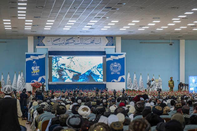 Taliban Fifth Anniversary Official Ceremony Kabul Afghanistan Taliban members watch footage on a screen during a ceremony at the Loya Jirga Tent to mark the fifth anniversary of their return to power in Kabul, Afghanistan, on August 15, 2026. The event commemorates the government s takeover following the withdrawal of United States forces. Kabul Kabul Afghanistan Copyright: xJavidxAshnax