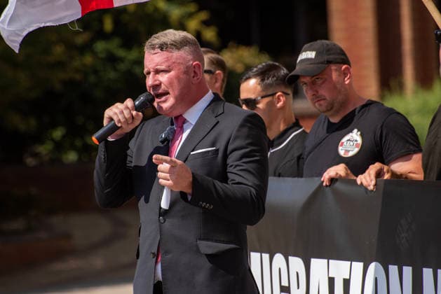 Britain First demo in Maidstone, UK - 15 Aug 2026 Britain First far-right leader, Paul Golding speaks during a demonstration. Around 150 supporters of the Britain First far-right party gathered in Maidstone, UK. The protesters marched through at the town centre led by Paul Golding the current leader of the party. Far-right campaigners were confronted by a group of anti-fascist counter-protesters on the way to the County Hall. Maidstone United Kingdom Copyright: xKrisztianxElekx xSOPAxImagesx SSS_20260815_COUNTER_PROTEST_0011005009