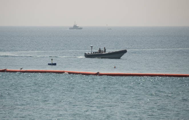 (260815) -- CEUTA, Aug. 15, 2026 -- A maritime barrier installed by Spanish authorities is seen in Ceuta, Spain, Aug. 15, 2026. More than 72,000 migrants crossed irregularly into Ceuta from neighboring Morocco on July 30 and 31, according to the Spanish government. Most returned to Morocco later, while thousands remain in the enclave.Security was also tightened along the border ahead of Saturday after calls for another mass crossing circulated on social media. Moroccan security forces intercepted hundreds of migrants attempting to reach the border area, while Ceuta reported no influx on a scale comparable to that seen in late July. ) SPAIN-CEUTA-VIEW ChengxMin 