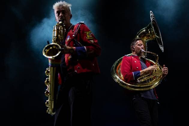 August 15, 2026, Paredes De Coura, Braga, Portugal: Philipp Westermann, sousaphone player of MEUTE, and Adrian Hanack, baritone saxophone player of the ensemble, perform together on the main stage during the final day of Vodafone Paredes de Coura. Paredes De Coura Portugal - ZUMAs197 20260815_aaa_s197_321 Copyright: xDiogoxBaptistax