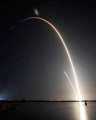 Timed exposure of the SpaceX Falcon 9 rocket as it launches eight satellites for GLobalstar at 9:12 PM from Launch Complex 40 at the Cape Canaveral Space Force Station, Florida on Saturday August 15, 2026. Captured in the image were the boost-back and landing burns. Eight minutes after launching the payload, the Falcon 9 first stage performed its fifth landing on Landing Zone 40 approximately 300 yards from the Launch Complex.  CCP20260815007 JOExMARINO