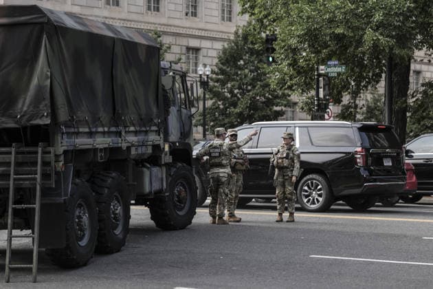 Washington marks one year since National Guard deployment WASHINGTON, UNITED STATES - AUGUST 16: National Guard troops patrol along Constitution Avenue between the White House and the National Mall in Washington, United States, on August 16, 2026, marking the first anniversary of President Donald Trump’s deployment of National Guard forces to the city. Hasan Akbas Anadolu Washington United States. Editorial use only. Please get in touch for any other usage.  Copyright: x2026xAnadoluxHasanxAkbasx