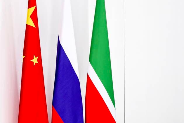 RUSSIA, REPUBLIC OF TATARSTAN - AUGUST 16, 2026: Flags in the Kazan Expo International Exhibition Centre in Bolshiye Kabany during the 4th Sprouts Business Forum titled Sprouts: Russia and China – Mutually Beneficial Cooperation scheduled for 16-19 August 2026. Yevgeny Messman TASS Host Photo Agency  96239130