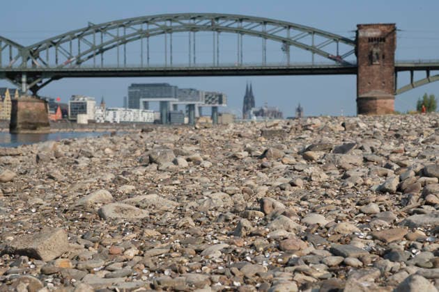 Eine bodennahe Aufnahme zeigt das weitläufige, freigelegte Kiesel- und Steinufer des Rheins bei extremem sommerlichem Niedrigwasser. Im unscharfen Hintergrund erstreckt sich die stählerne Fachwerk-Konstruktion der historischen Südbrücke mit ihren markanten Wehrtürmen aus Backstein. Dahinter zeichnet sich die Kölner Skyline mit den modernen Kranhäusern im Rheinauhafen und den entfernten Spitzen des Kölner Doms unter einem klaren, blauen Himmel ab. *** A low-angle shot captures the wide, exposed pebble and stone bank of the Rhine during extreme summer low water levels. In the blurred background, the steel truss structure of the historic Südbrücke stands out with its distinctive brick defense towers. Behind it, the Cologne skyline features the 20260816-DSCF2111