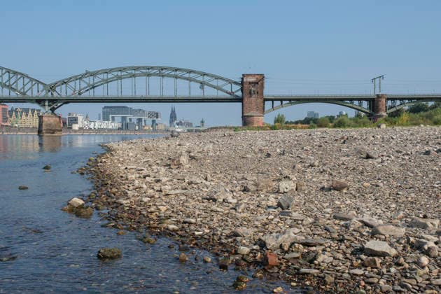 Eine weitwinklige Totalansicht zeigt den stark zurückgewichenen Flusslauf des Rheins mit einem weitläufig ausgetrockneten Kiesel- und Steinufer bei extremem sommerlichem Niedrigwasser. Die historische, stählerne Südbrücke überspannt den Fluss mit ihren charakteristischen Fachwerkbögen und dem markanten Wehrturm aus rotem Backstein. Im Hintergrund spiegelt sich das gegenüberliegende Rheinufer mit der Kölner Skyline, den Kranhäusern im Rheinauhafen und den entfernten Türmen des Kölner Doms unter einem wolkenlosen, blauen Himmel. *** A wide-angle view captures the significantly receded riverbed of the Rhine, exposing a vast dried-out pebble and stone bank during extreme summer low water levels. The historic steel Südbrücke spans the river with 20260816-DSCF2133