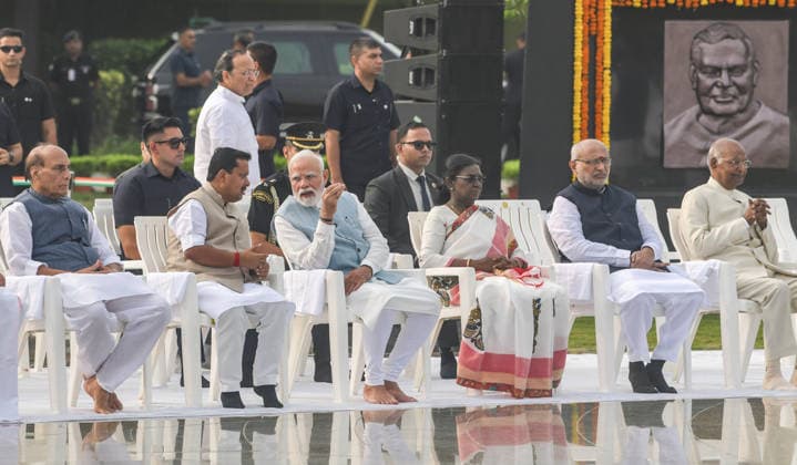 Prayer meeting in remembrance of former PM Atal Bihari Vajpayee at Sadaiv Atal New Delhi, Aug 16 (ANI): Prime Minister Narendra Modi with President Droupadi Murmu, Vice President CP Radhakrishnan, Former President Ram Nath Kovind, Union Defence Minister Rajnath Singh, BJP National President Nitin Nabin and other dignitaries during the prayer meeting for former Prime Minister Atal Bihari Vajpayee on his death anniversary at his memorial Sadaiv Atal , in New Delhi on Sunday. New Delhi Delhi India Copyright: xANIx ANI_20260816027