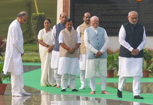 Prayer meeting in remembrance of former PM Atal Bihari Vajpayee at Sadaiv Atal New Delhi, Aug 16 (ANI): Prime Minister Narendra Modi with Vice President CP Radhakrishnan, Union Defence Minister Rajnath Singh, Lok Sabha Speaker Om Birla, BJP National President Nitin Nabin, Delhi Chief Minister Rekha Gupta and other dignitaries arrive to pay homage to former Prime Minister Atal Bihari Vajpayee on his death anniversary at his memorial Sadaiv Atal , in New Delhi on Sunday. New Delhi Delhi India Copyright: xANIx ANI_20260816047