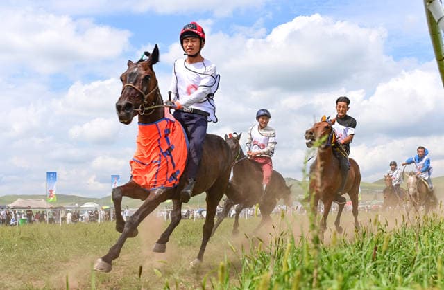 (260816) -- HINGGAN LEAGUE, Aug. 16, 2026 -- Riders compete in a speed horse racing during a Nadam fair in Jalaid Banner of Hinggan League, north China s Inner Mongolia Autonomous Region, Aug. 16, 2026. The Nadam fair opened here on Sunday, featuring equestrian performances, songs and dances, instrumental music and traditional folk performances. (Photo by Xinhua) CHINA-INNER MONGOLIA-NADAM FAIR (CN) WangxZheng 
