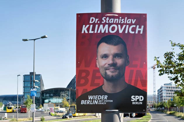 Berlin,14.08.2026,Wahlplakat der Partei Stanislav Klimovich SPD zur Wahl zum 20.Abgeordnetenhaus von Berlin sowie zu den Bezirksverordnetenversammlungen am 20.09.2026. *** Berlin, August 14, 2026—Election poster for the Stanislav Klimovich SPD party for the election to the 20th Berlin House of Representatives and the district councils on September 20, 2026
