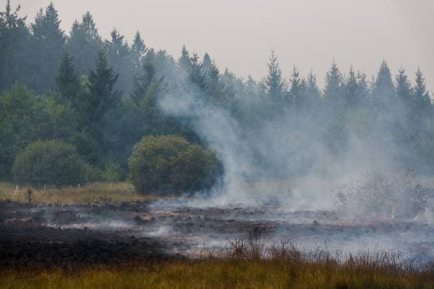 A burned out landscape pictured as a fire rages in the Hautes Fagnes (High Fens) nature reserve, on Sunday 16 August 2026 in Waimes. The fire started on August 14th and 2700 hectares (on a total of 4500) are impacted.  NICOLASxLAMBERT 183534436