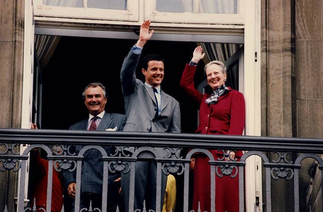 Copenhagen Denmark, 26 May 198._ Crown prince Frederik compnay by his mother queen Margrethe and father Prince Henrik (now late price Henrik) greeting nation at his 30 years birthday from Amamlienborg Palace in Copenhagen . Photo by Francis Joseph Dean Deanpictures.