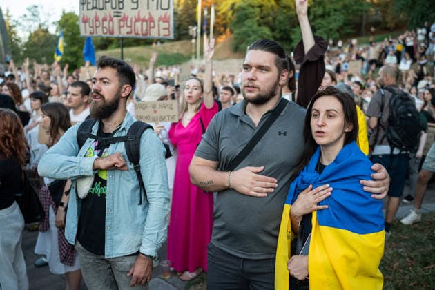 Thousands protest against dismissal of Ukrainian Defense Minister Fedorov in Kyiv KYIV, UKRAINE - AUGUST 16: Thousands attend a rally to protest the dismissal of the Defense Minister of Ukrainem Mykhailo Fedorov in Kyiv, Ukraine, on August 16, 2026. Mykhailo Fedorov was dismissed from the post of the Defense Minister of Ukraine after six moinths at post by the President of Ukraine Volodymyr Zelenskyi in June, 2026 and this decision sparked protests across Ukraine that continue since then. Danylo Antoniuk Anadolu Kyiv Ukraine. Editorial use only. Please get in touch for any other usage.  Copyright: x2026xAnadoluxDanyloxAntoniukx
