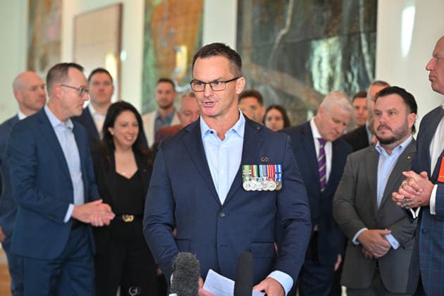 COALITION OF VETERANS™ VOICES PRESSER, Fair Care for Veterans John Armfield and other veteran advocates speak to journalists at a press conference at Parliament House in Canberra, Monday, August 17, 2026. ( NO ARCHIVING CANBERRA AUSTRALIAN CAPITAL TERRITORY AUSTRALIA  Copyright: xMICKxTSIKASx 20260817150178834119