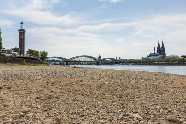 Historischer Niedrigwasser-Rekord am Rhein Freiliegendes Flussbett am Deutzer Rheinufer - 16.08.26 Blick vom Deutzer Rheinufer Richtung Kölner Dom auf das durch historisches Niedrigwasser freiliegende Flussbett des Rheins. Der Pegel Köln erreicht einen Tiefstand von 46 cm und unterbietet damit den bisherigen Rekord von 69 cm aus dem Jahr 2018 deutlich. Die Rheinschifffahrt ist durch das extrem niedrige Wasser praktisch zum Erliegen gekommen. Köln Deutz Nordrhein-Westfalen Deutschland *** Record-Low Water Level on the Rhine: Exposed Riverbed on the Deutz Bank of the Rhine, August 16, 2026. View from the Deutz bank of the Rhine toward Cologne Cathedral, showing the riverbed exposed by the record-low water level. The water level at Colo Copyright: xMarcxJohnx