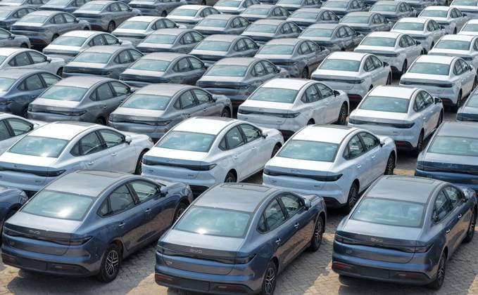 China Automotive Export Aerial view of new BYD electric cars waiting for shipment to overseas markets in a port in Yantai in eastern China s Shandong province, Monday, Aug. 17, 2026., Credit:stringer Utuku Feature China Avalon CHINA, SHANDONG, YANTAI  Copyright: xstringerx xUtuku FeaturexChinax xAvalonx 1124490123