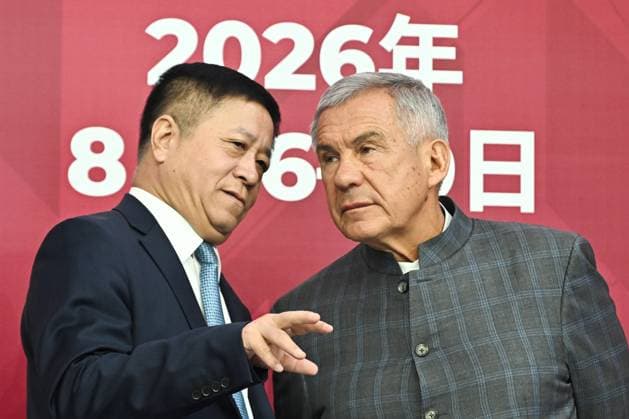 Russia China Business Forum 9222974 17.08.2026 Chinese Ambassador to Russia Zhang Hanhui, left, and Head of the Republic of Tatarstan Rustam Minnikhanov attend an opening ceremony of the 4th International Forum Sprouts: Russia and China - Mutually Beneficial Cooperation in Kazan, Republic of Tatarstan, Russia. Maksim Bogodvid Sputnik Kazan Republic of Tatarstan Russia  Copyright: xMaksimxBogodvidx