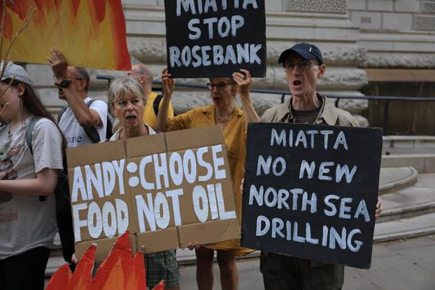 Fossil Free London Crop Failure Protest outside the Treasury, London, UK 17 August 2026 Campaigners stage a protest outside the Treasury on Horse Guards Road, London, UK, on 17 August 2026, calling on Prime Minister Andy Burnham to reject the Rosebank oil field as the public consultation closes. Holding empty harvesting baskets and hessian bags labelled Wheat - Failed , the protesters highlight the connection between fossil fuel extraction and the crop failures resulting from climate-driven heatwaves and droughts., Credit:PETE SPELLER Avalon UK, London  Copyright: xPETExSPELLERx xAvalonx 1124555640
