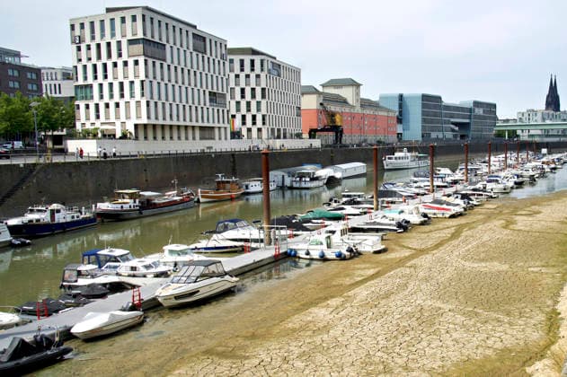 Der Rhein ist in Köln so niedrig wie noch nie. In der Nacht zu Sonntag fiel der Pegel auf nur 45 Zentimeter und damit deutlich unter den bisherigen Tiefststand. Für die Schifffahrt wird das zunehmend zum Problem. Köln, 16.08.2026 *** The Rhine in Cologne is at an all-time low. Overnight into Sunday, the water level dropped to just 45 centimeters, well below the previous record low. This is becoming an increasing problem for shipping. Cologne, August 16, 2026 Foto:xC.xAdolph xFuturexImagex niedrigwasser_6859