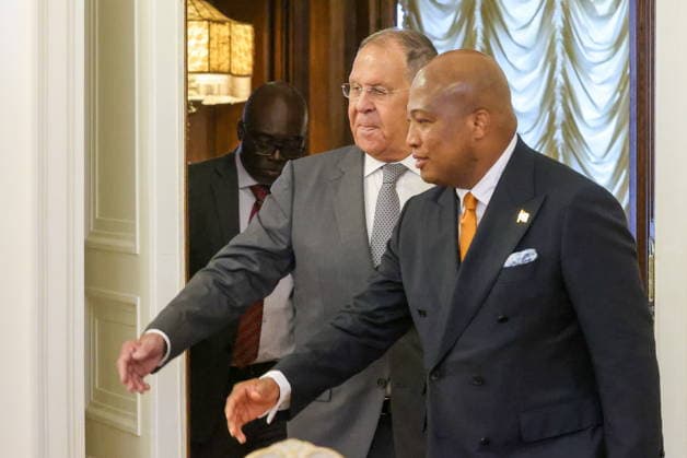 RUSSIA, MOSCOW - AUGUST 17, 2026: Samuel Okudzeto Ablakwa (R), Foreign Minister of Ghana, and his counterpart Sergei Lavrov (R-L) of Russia arrive for a bilateral meeting at the Reception House of the Russian Foreign Ministry. Sergei Karpukhin TASS  96296697