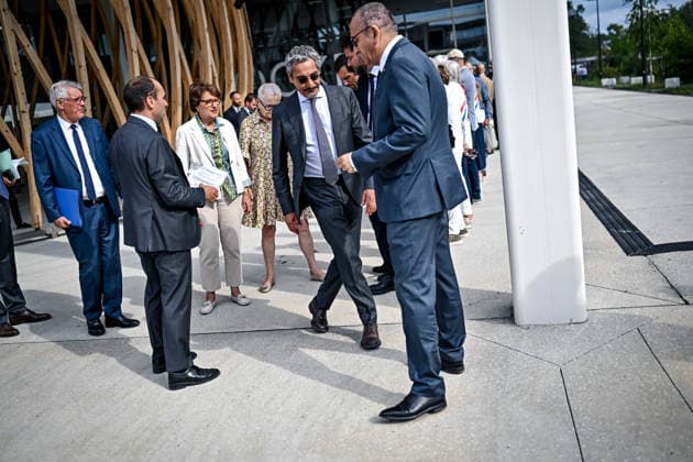 Sebastion Lecornu Meets Local Elected - Merignac France s Interior Minister Laurent Nunez, France s Agriculture Minister Annie Genevard and France s Trade Minister Serge Papin at the Technowest, before a meeting with Gironde and Landes local elected representatives and socio-economic stakeholders, to support the reconstruction of the towns and forests affected by the fires of summer 2026. In Mérignac, August 17, 2026. Photo by Ugo Amez Pool ABACAPRESS.COM Merignac France  Copyright: xAmezxUgo Pool ABACAx