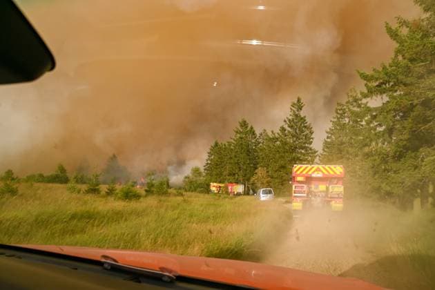 ATTENTION EDITORS - HANDOUT PICTURES - MANDATORY CREDIT - EDITORIAL USE ONLY - Handout pictured distributed shows Firemen in action as a fire rages in the Hautes Fagnes (High Fens) nature reserve, on Monday 17 August 2026. The fire started on August 14th and 2700 hectares (on a total of 4500) are impacted.  IMAGESxVHP 183602834