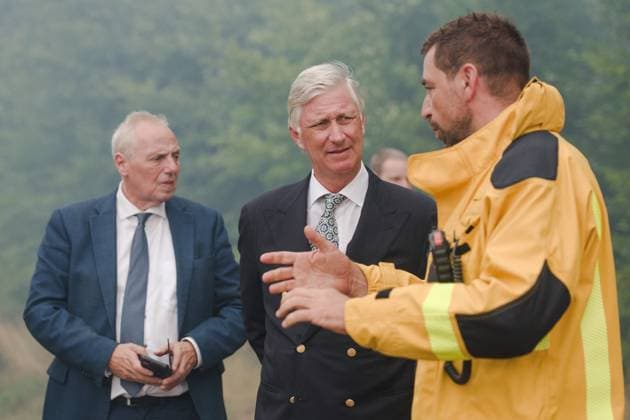 King Philippe - Filip of Belgium pictured at a visit on the field of from the command center in Sourbrodt, as fire rages in the Hautes Fagnes (High Fens) nature reserve, on Monday 17 August 2026. The fire started on August 14th and 3000 hectares (on a total of 4500) are impacted. POOL  NICOLASxLAMBERT 183612550